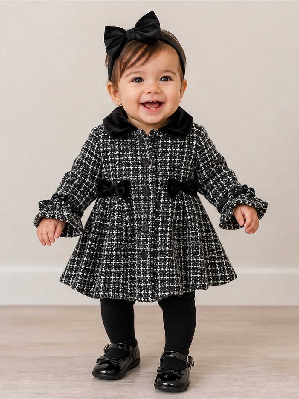 Nanette Baby Black and White Tweed Dress Coat Velvet Bows Winter Holiday Outfit